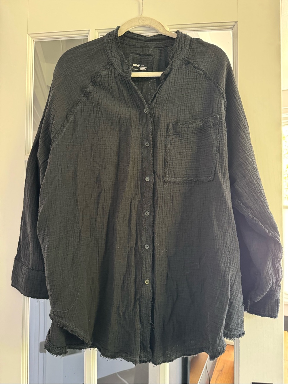 aerie Black Textured Gauze Button-Down Shirt